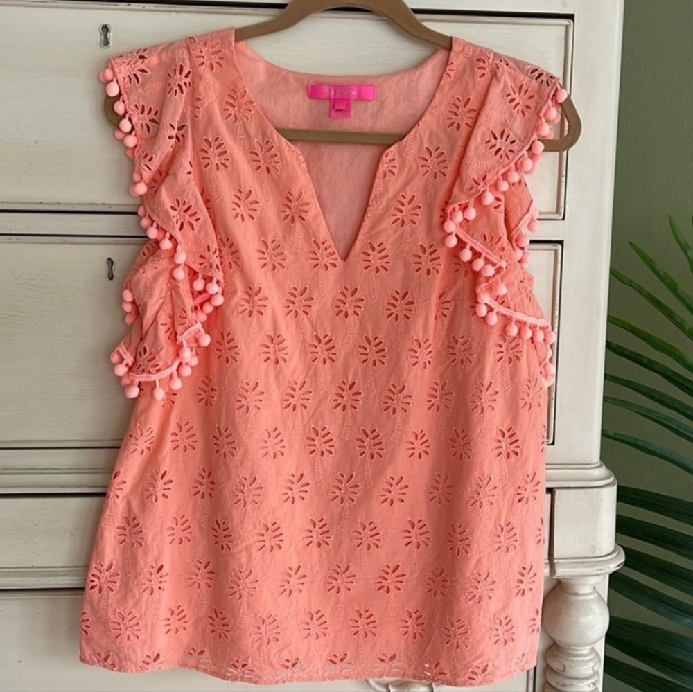 Lilly Pulitzer coral eyelet lace astara top size small pom pom sleeves